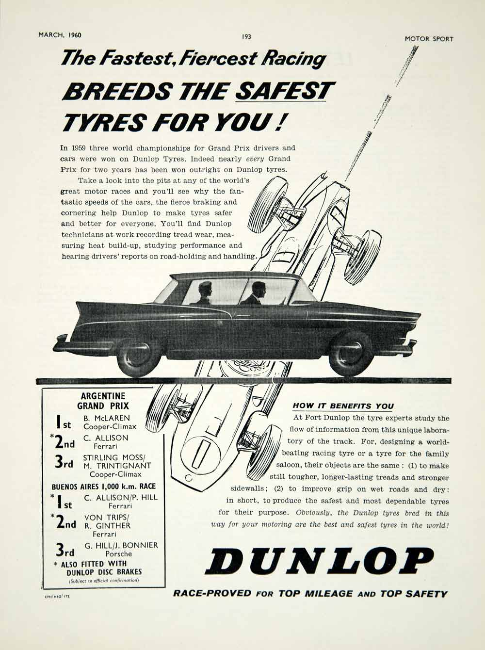 1960 Ad Dunlop Tyre Tires Car Auto Part Argentine Grand Prix Race Formula 1 YMT2