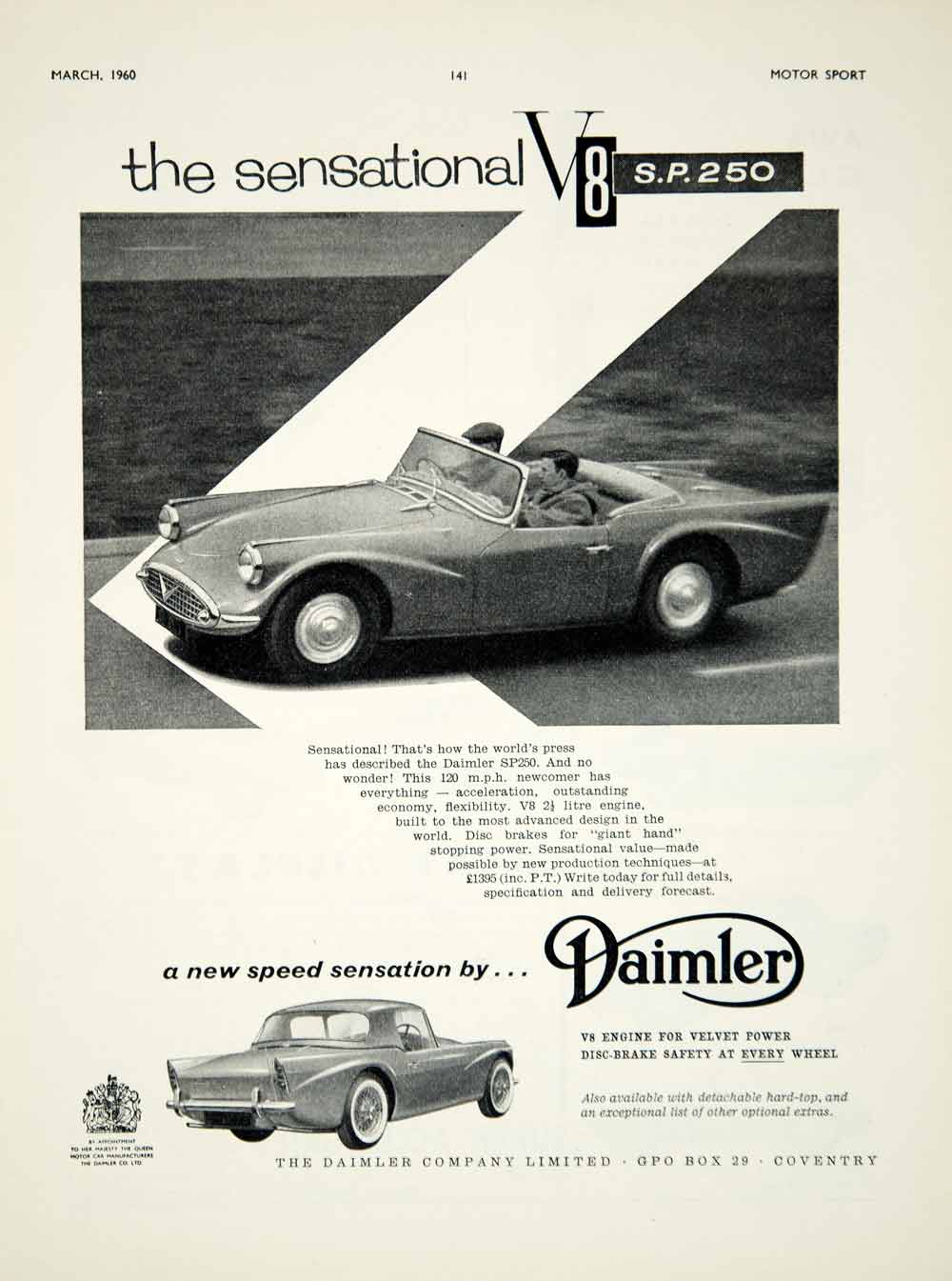 1960 Ad Daimler Dart SP250 2-Door Sports Car Classic Collector Automobile YMT2