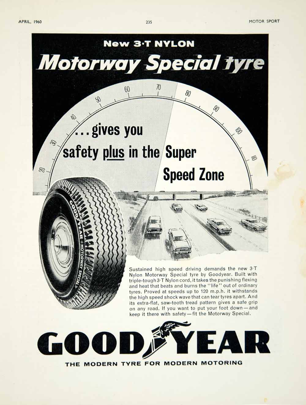 1960 Ad Goodyear 3T Nylon Motorway Special Tyres Tires Car
