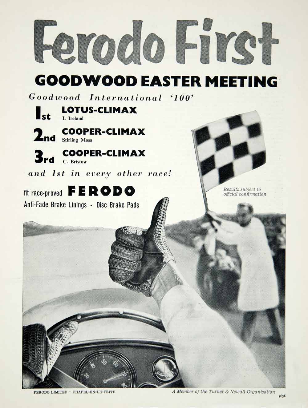 1960 Ad Ferodo Disc Brake Pads Linings Goodwood International 100 Auto Race YMT2