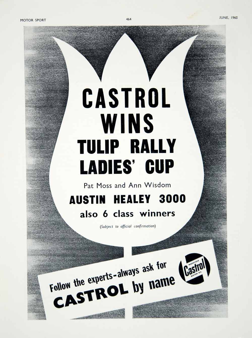 1960 Ad Castrol Motor Oil Austin-Healey 300 Tulip Rally Ladies Cup Racing YMT2
