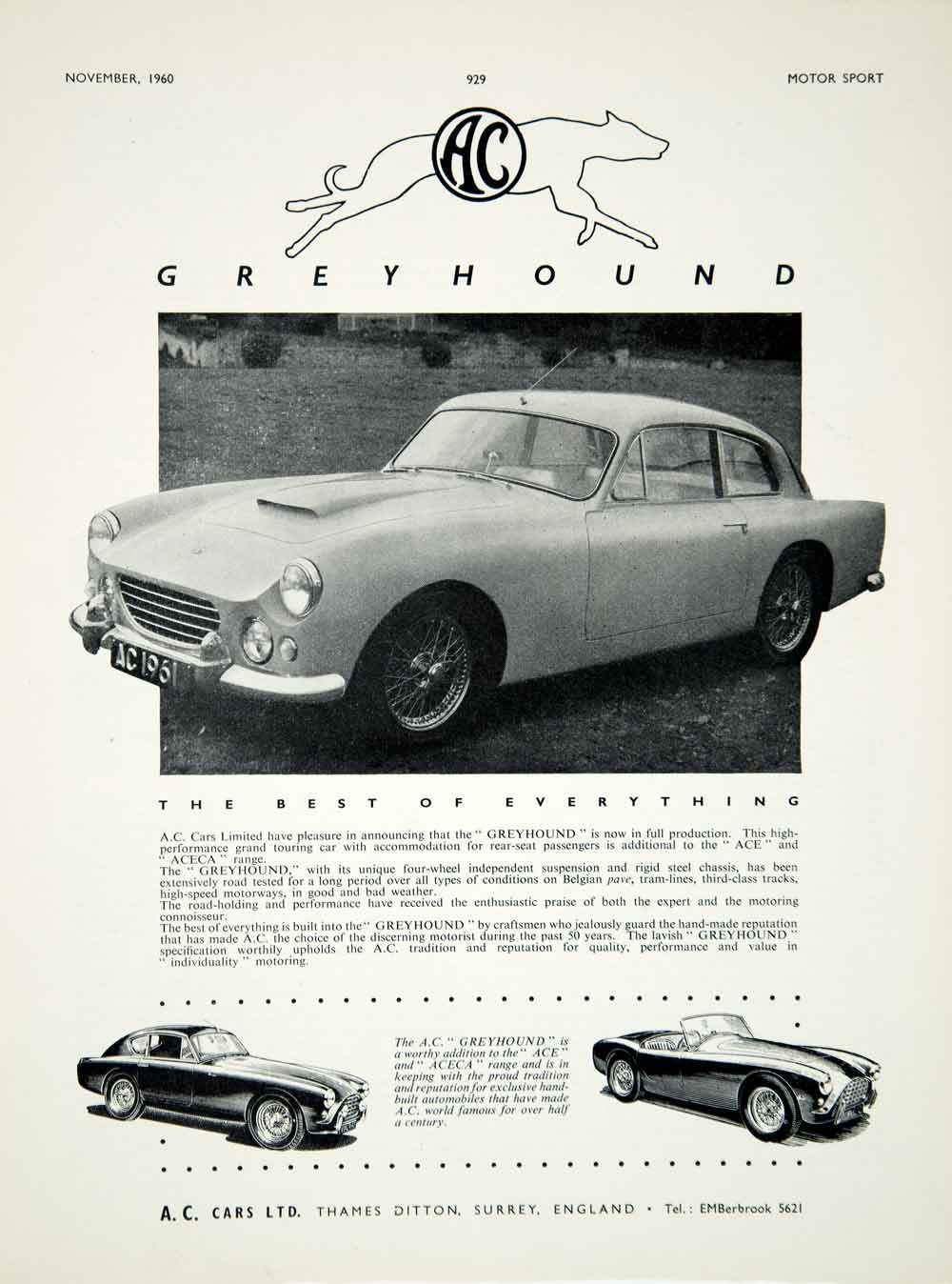 1960 Ad 1961 AC Greyhound 2-Door Coupe Classic Car Collector Automobile YMT2