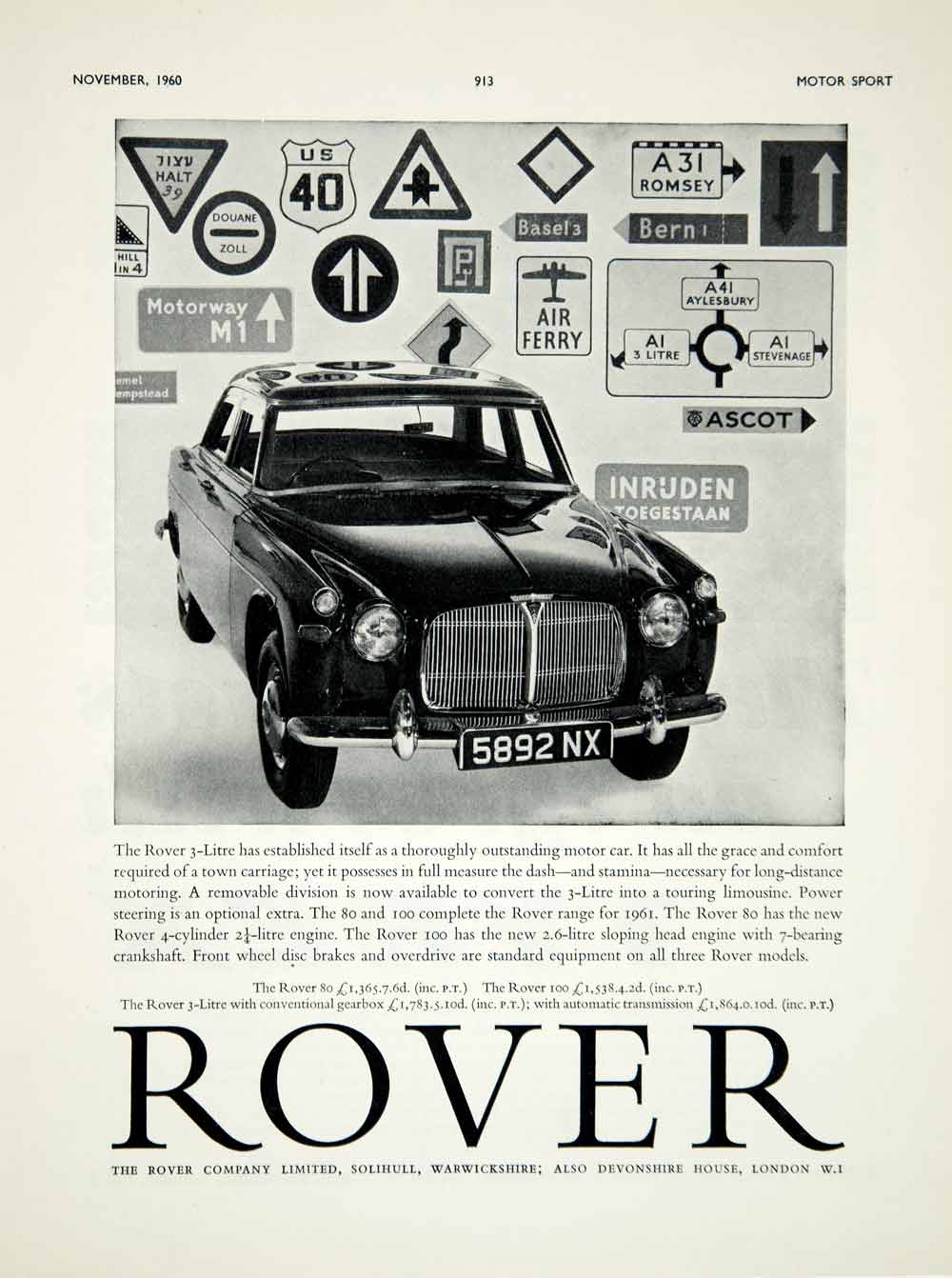 1960 Ad 1961 Rover P5 3Litre Mark I Saloon Car Automobile Road Traffic Sign YMT2