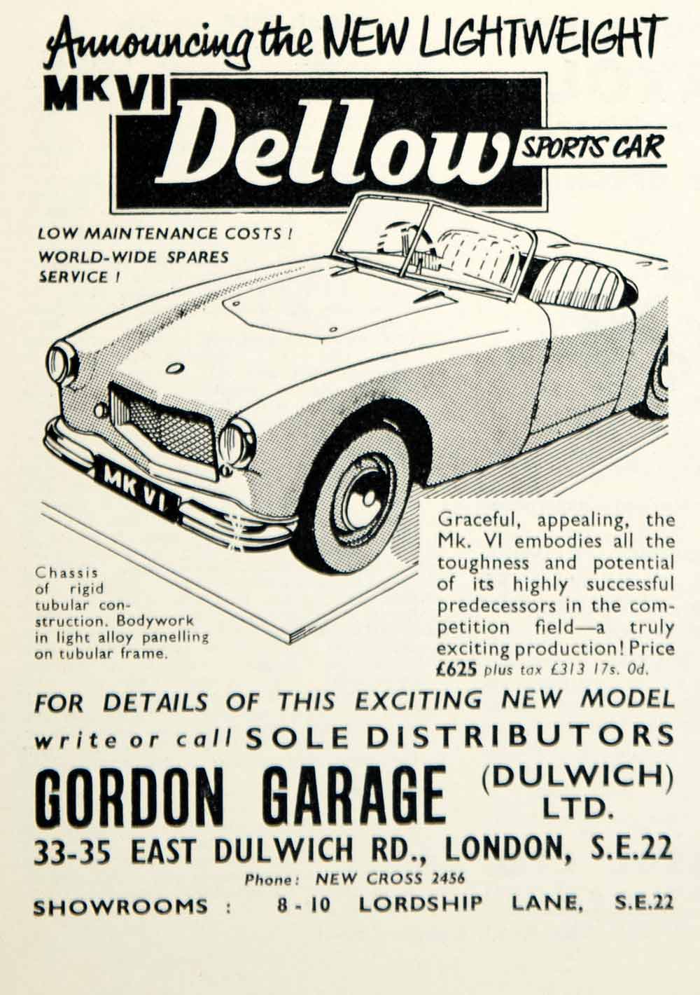 1958 Ad 1957 Dellow Mk VI Classic Sports Car Collector Automobile British YMT2