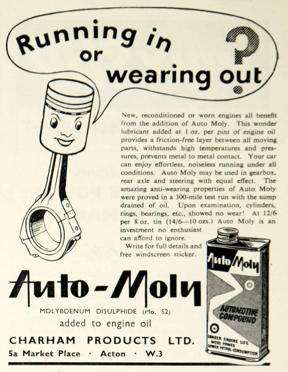 1959 Ad Charham Auto-Moly Engine Oil Additive Car Automobile Garage Petrol YMT2