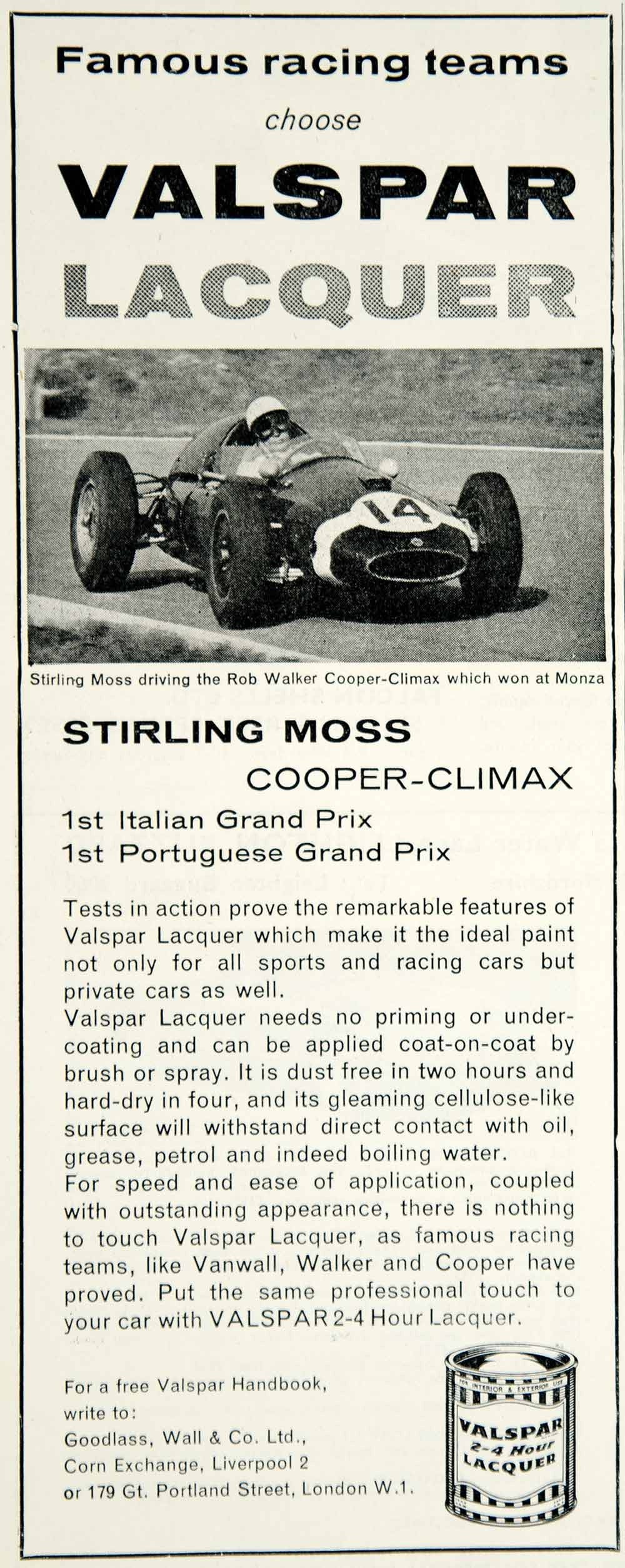 1960 Ad Valspar Lacquer Stirling Moss Formula 1 Cooper Climax Race Car Auto YMT2