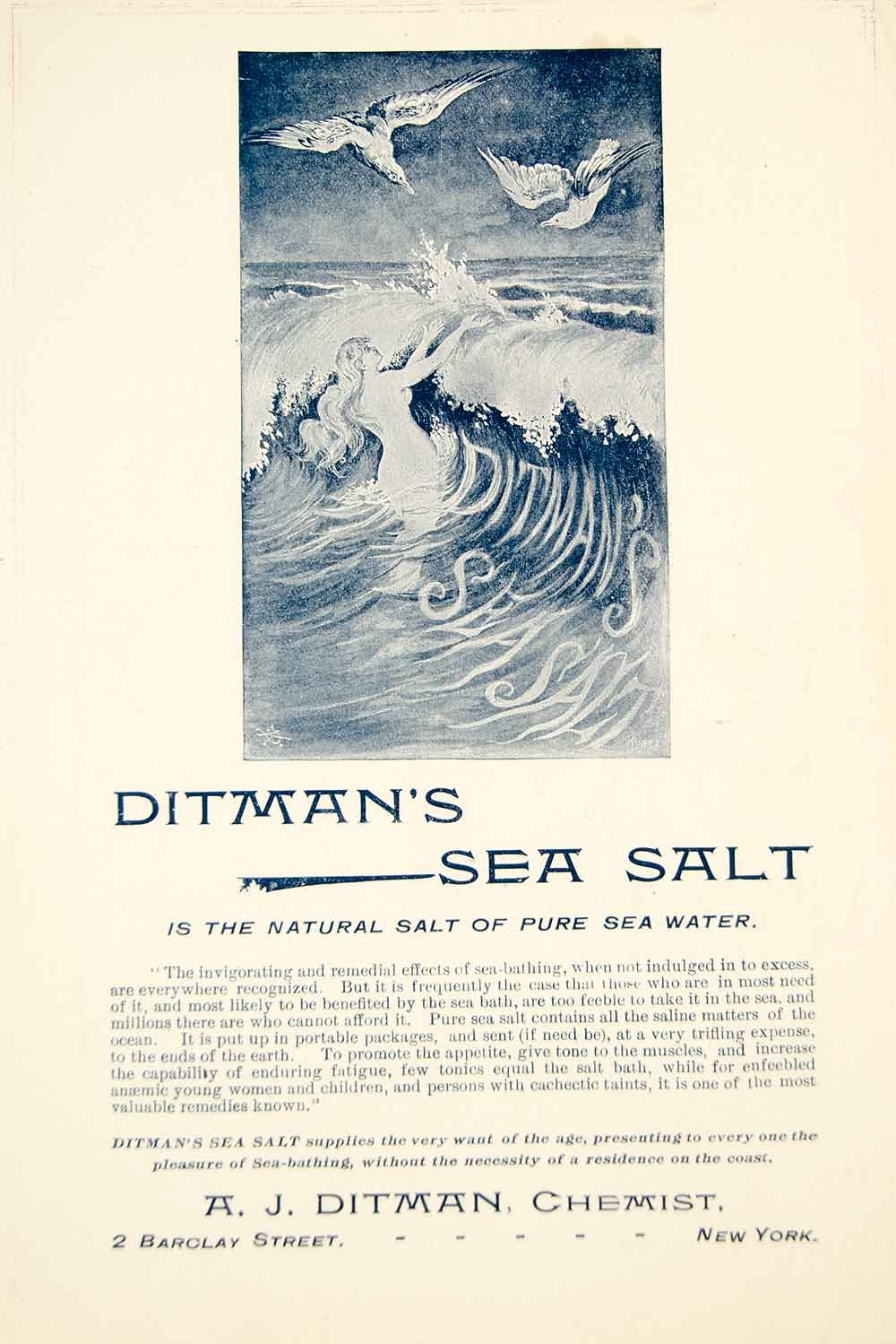 1895 Ad Antique Ditman Sea Salt Bath Bathing Health Remedy Nude Ocean Wave YMT3