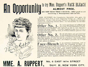 1895 Ad Antique Mme. Ruppert's Face Bleach Face Complexion Beauty Quackery YMT3