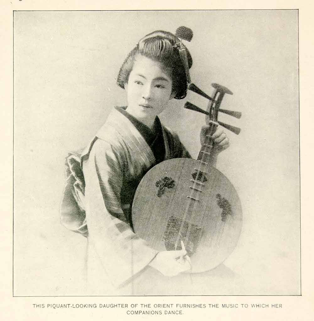 1895 Print Japanese Geisha Musical Instrument Stringed Traditional Cos ...