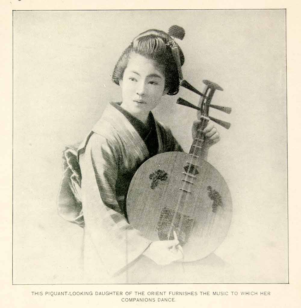 1895 Print Japanese Geisha Musical Instrument Stringed Traditional Costume YMT3
