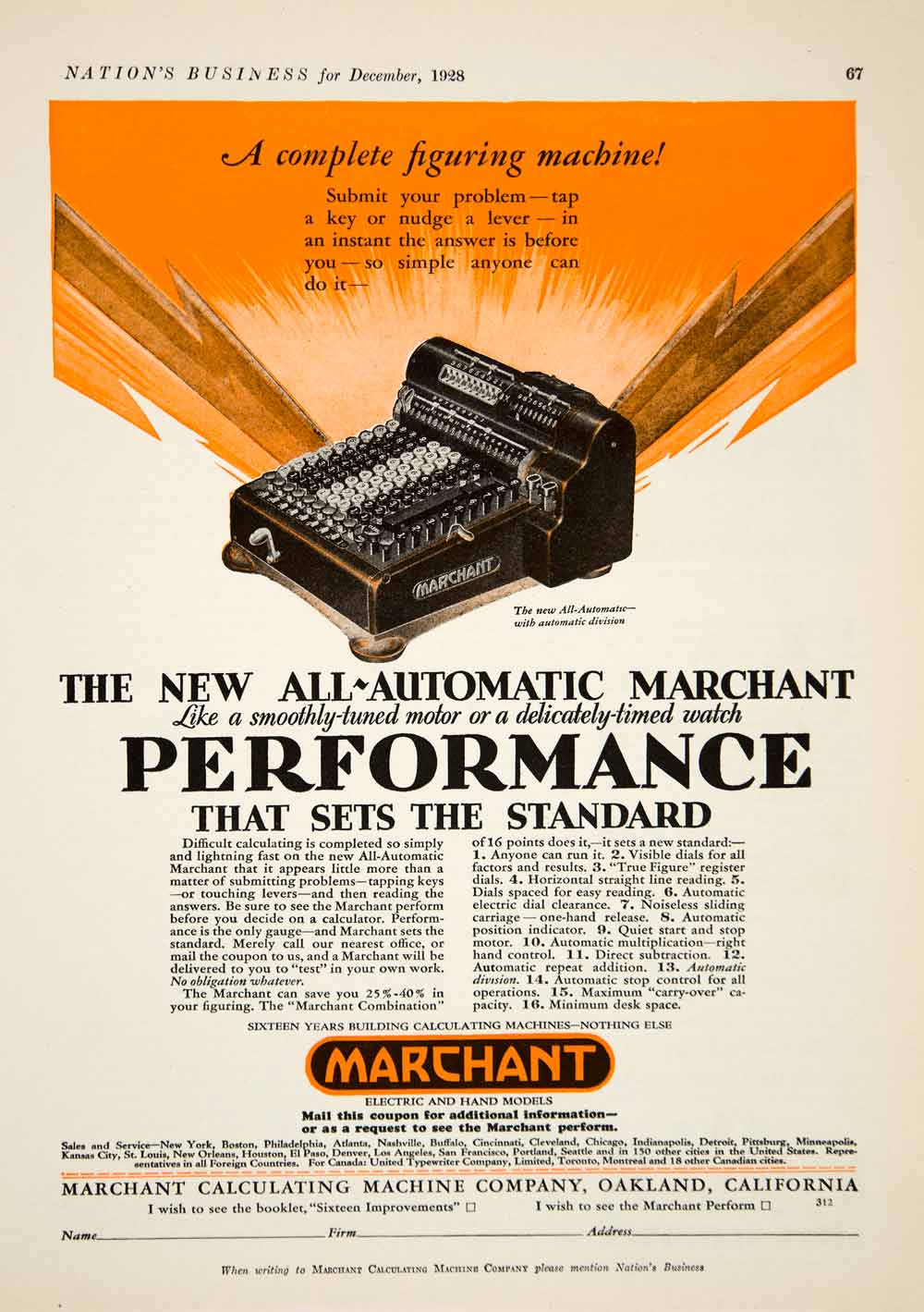 1928 Ad Automatic Marchant Machine Calculator Oakland California Add YNB1