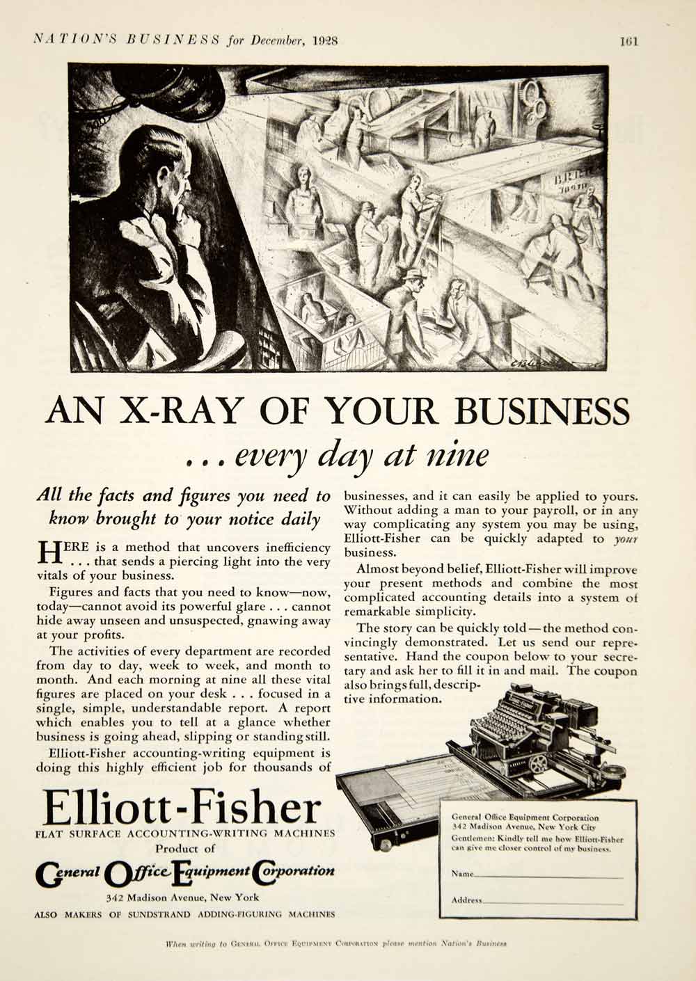 1928 Ad Elliott Fisher Flat Surface Accounting Writing Machine Office YNB1
