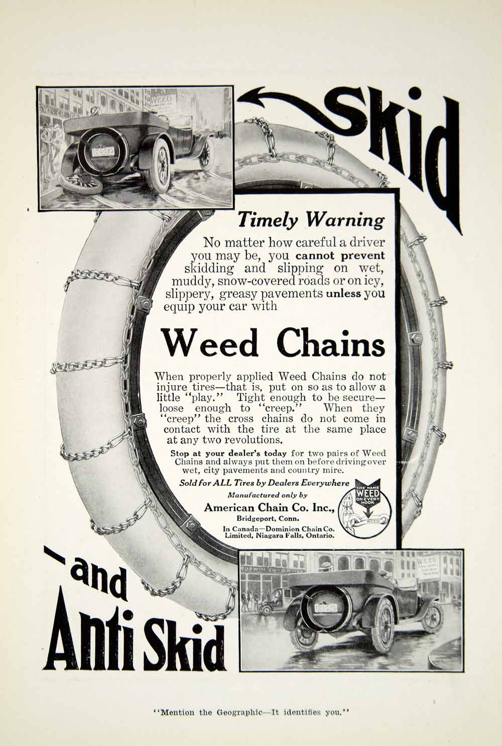 1916 Ad American Chain Company Weed Anti Skidding Chains Automobile Wheel YNG1