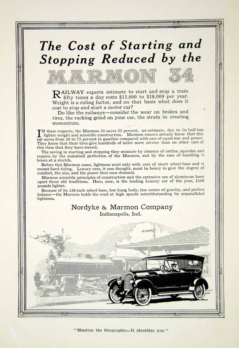 1916 Ad Nordyke Marmon Company Indianapolis Indiana Automobile Historical YNG1