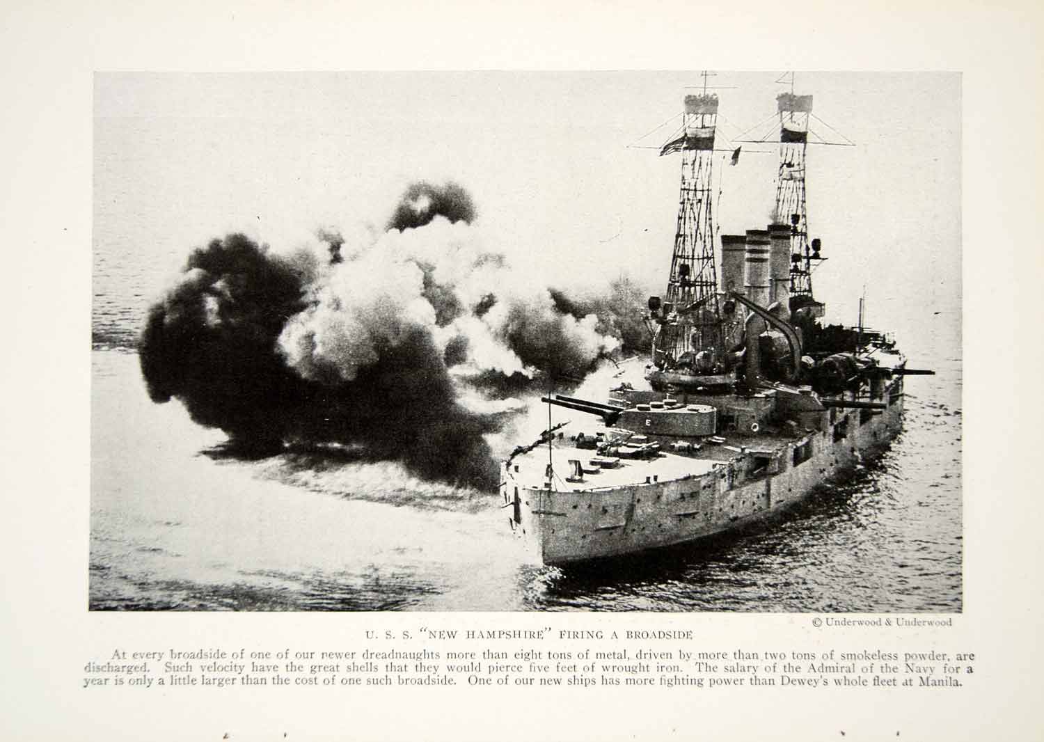 1918 Print U.S.S. New Hampshire Firing World War I Battleship Military YNG2