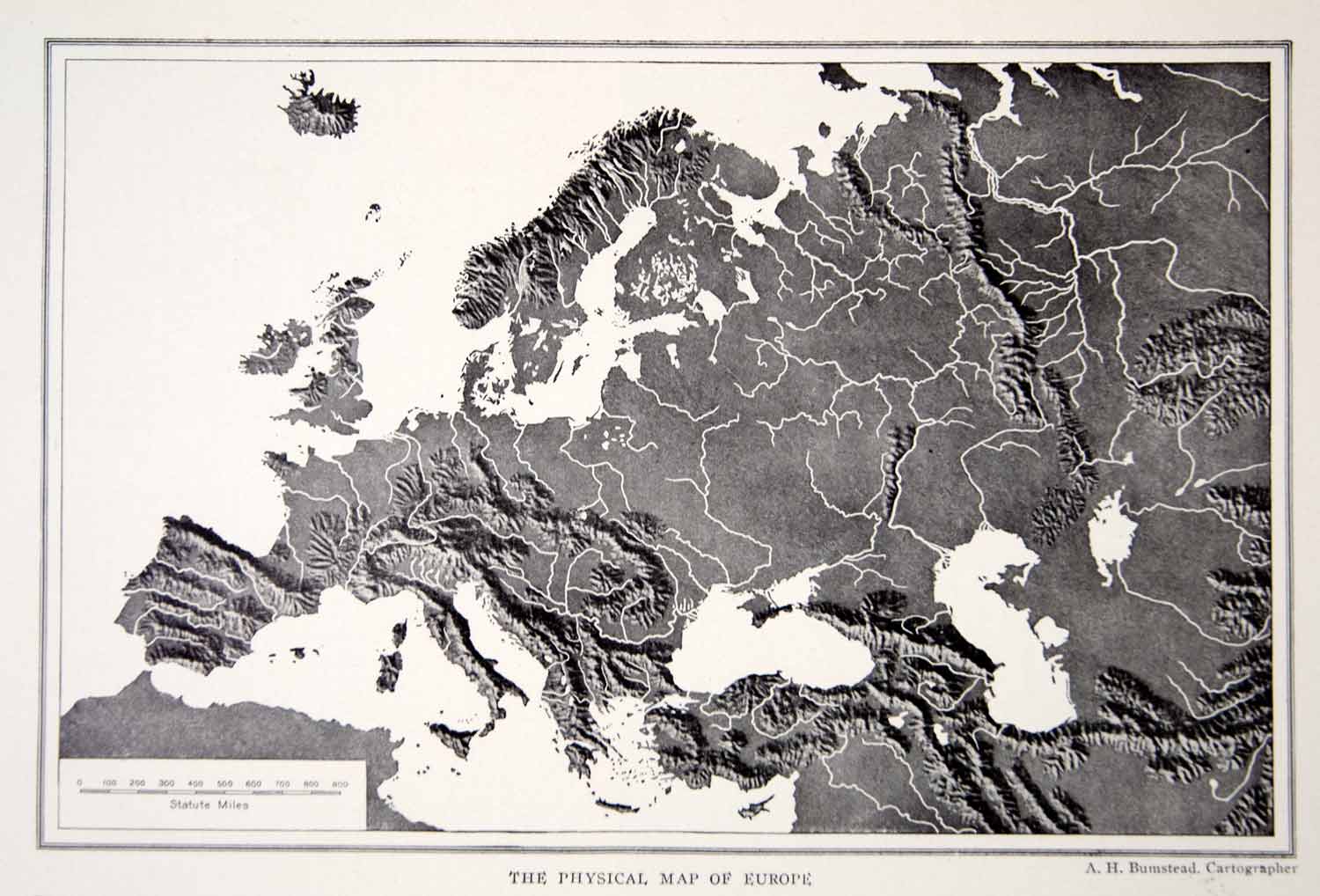 1918 Print Map Europe Physical Geography Mountains River Valleys Historic YNG3