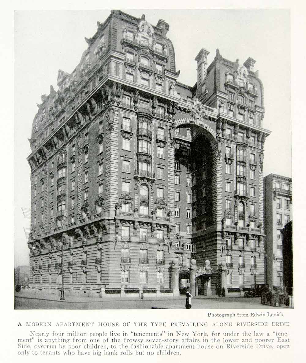 1918 Print New York City Riverside Drive Apartment Building Architecture YNG3