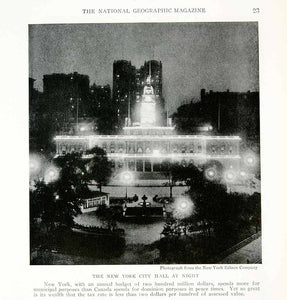 1918 Print New York City Hall Building Night Illumination Lights Historic YNG3