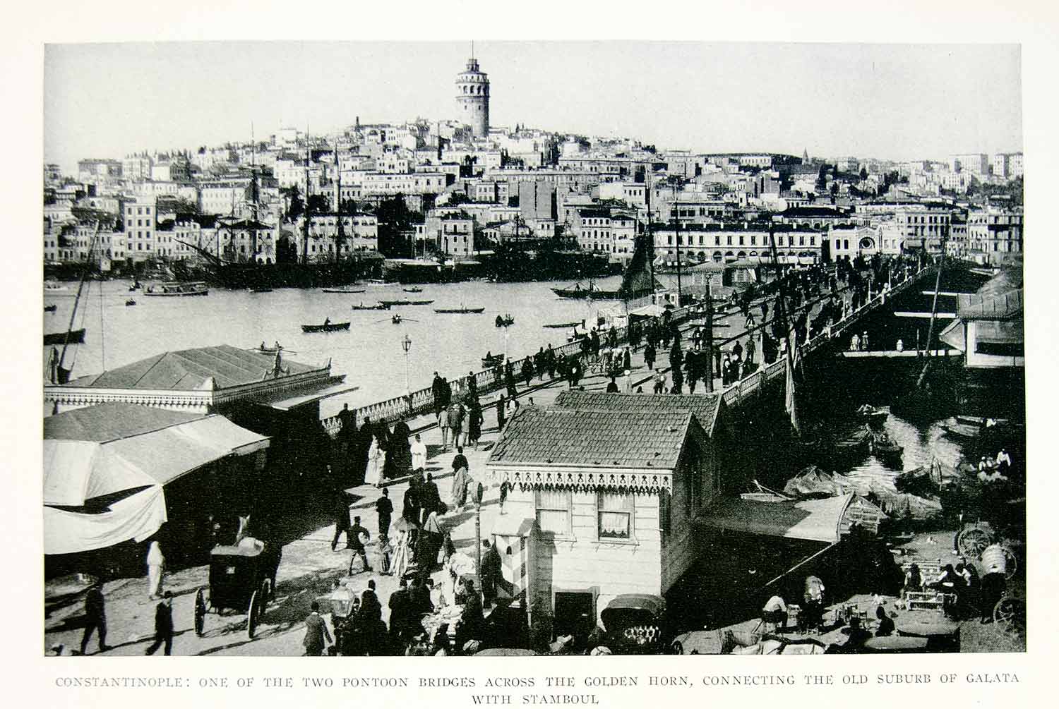 1918 Print Constantinople Istanbul Pontoon Bridge Golden Horn Stamboul YNG3