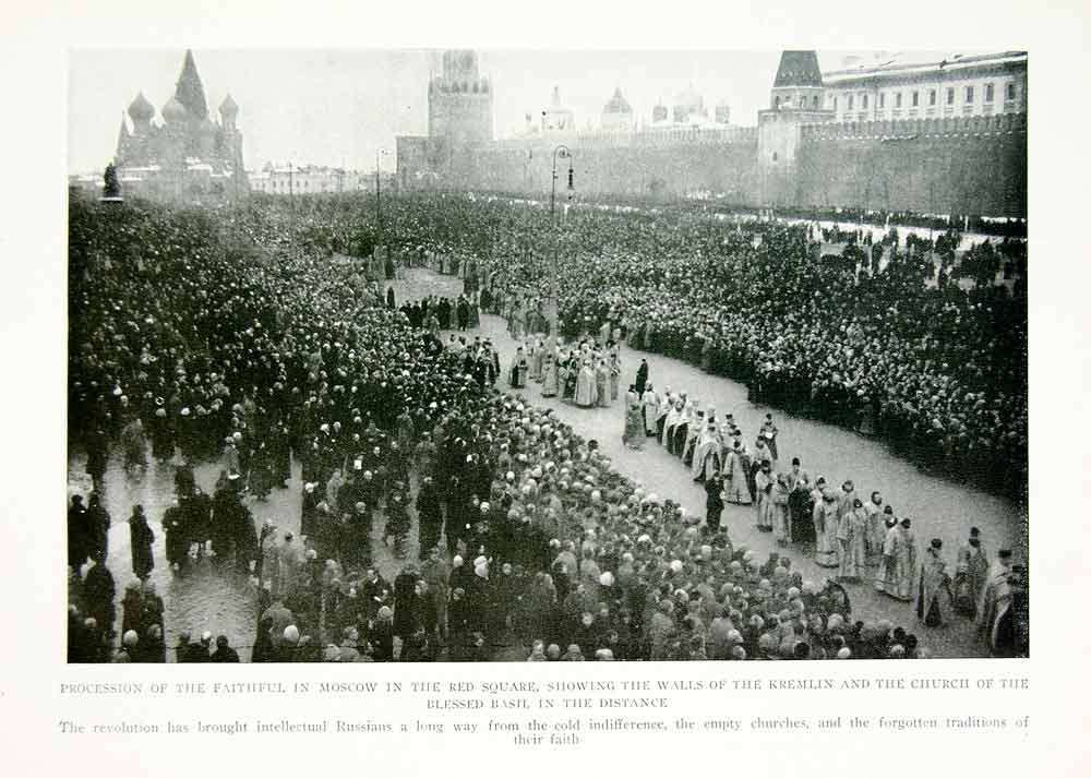 1918 Print Moscow Religious Procession Red Square St Basil Cathedral Russia YNG3
