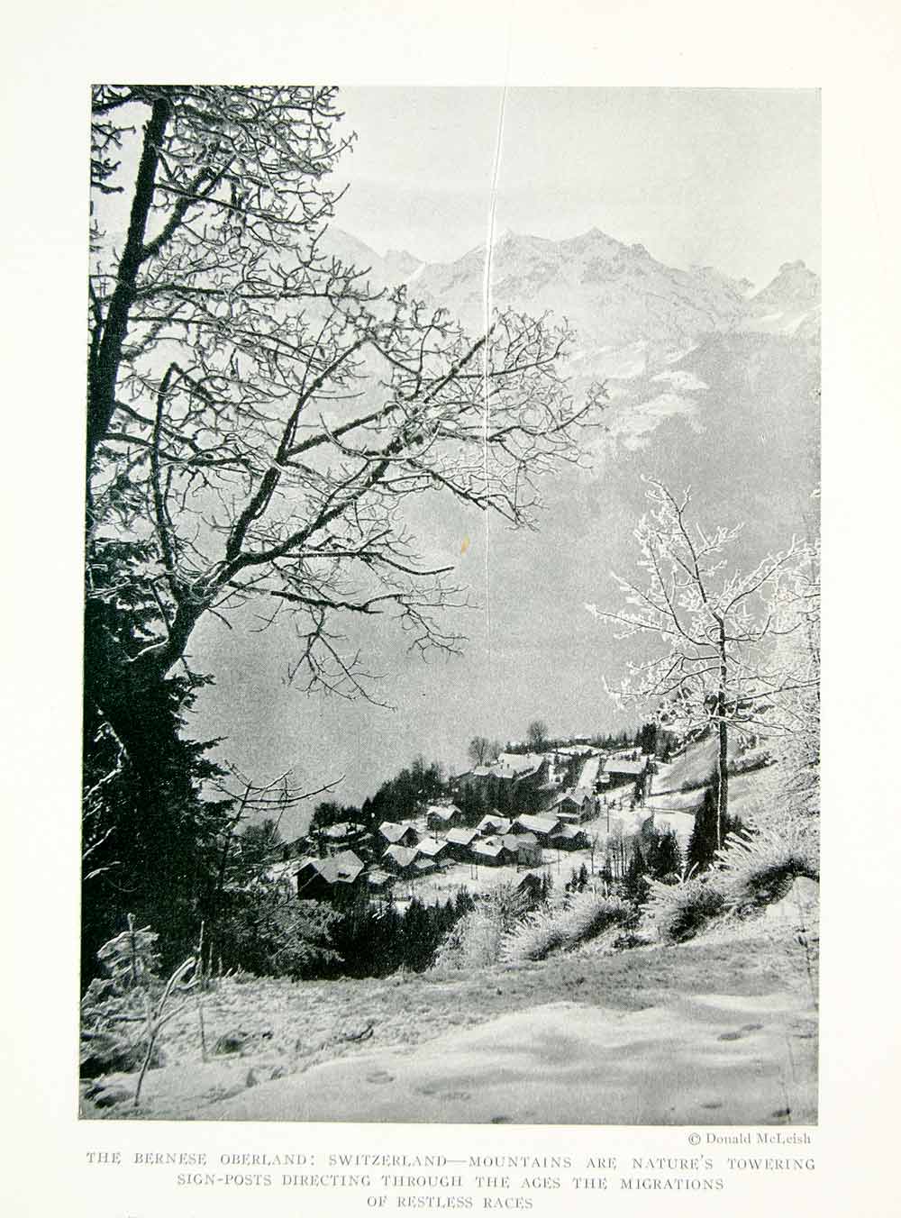 1918 Print Bernese Oberland Switzerland Village Mountains Alps Winter Snow YNG3