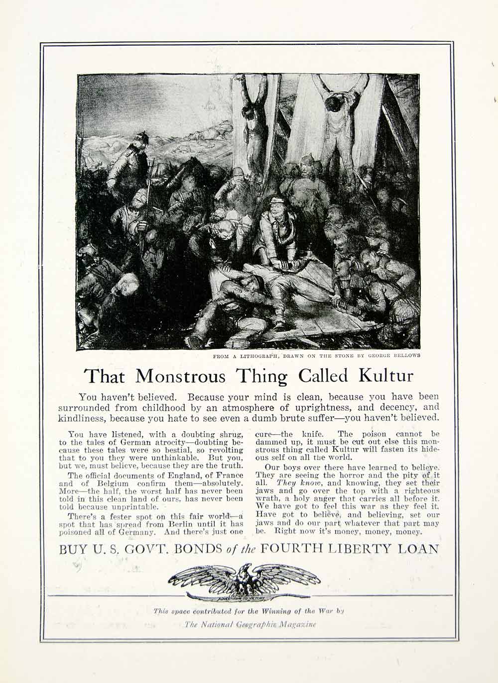 1918 Ad WWI Fourth Liberty Loan Bonds George Bellows Art German Atrocities YNG3