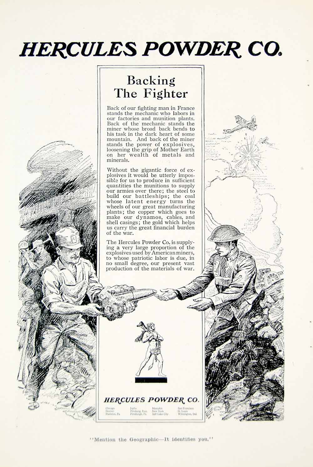 1918 Ad WWI Hercules Powder Explosives Shell Bomb Miner Soldier World War I YNG3