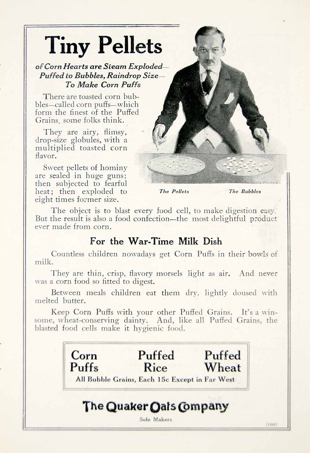 1918 Ad Vintage Quaker Oats Puffed Grains Wheat Rice Corn Puffs Cereal Food YNG3
