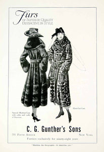 1918 Ad C. G. Gunther Furrier Muskrat Fur Coat Civet Cat Raccoon Fashion YNG3