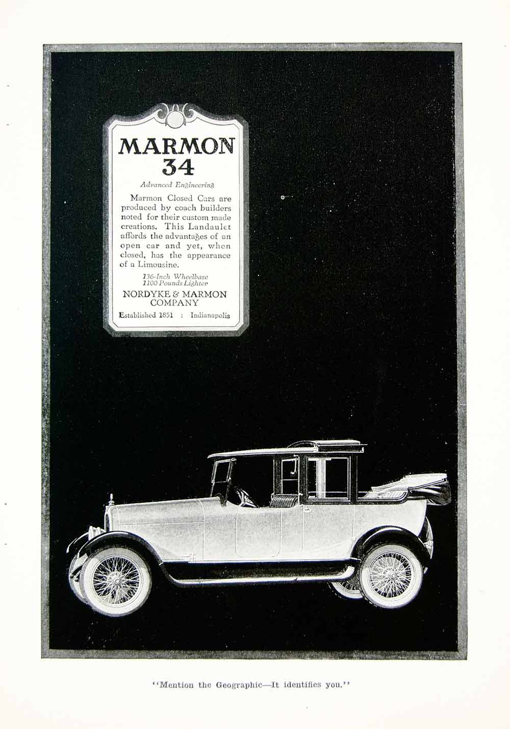 1918 Ad Antique Nordyke & Marmon 34 Closed Car Landaulet Automobile Auto YNG3