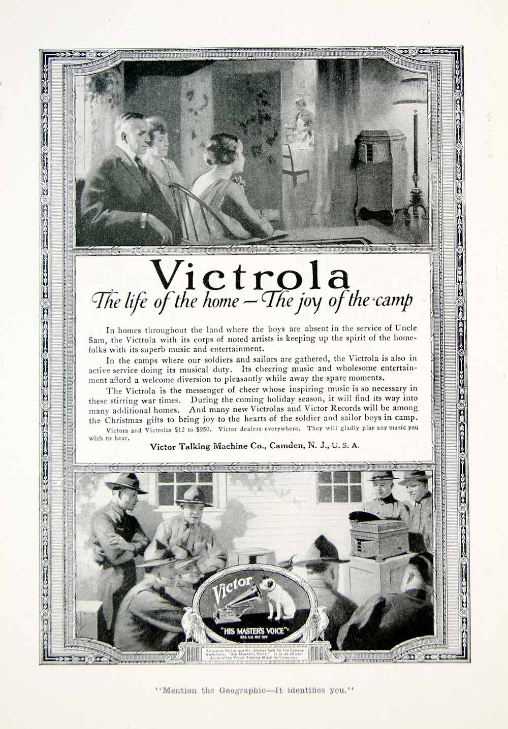 1918 Ad WWI Victor Victrola Phonograph Home Front Army Camp Soldiers Nipper YNG3