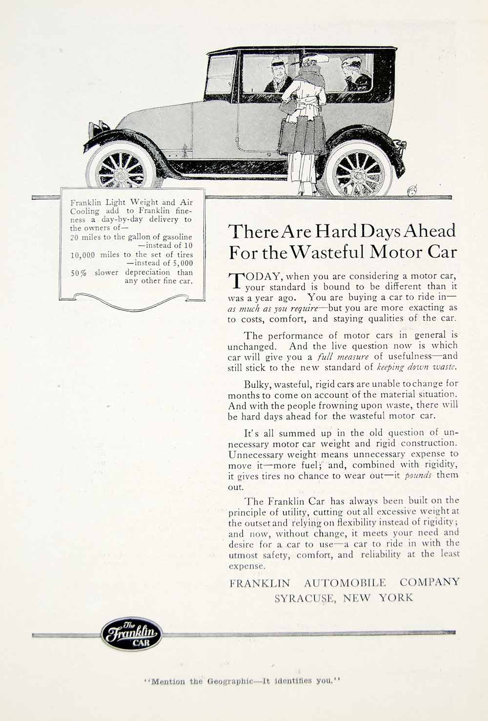 1918 Ad WWI Franklin Closed Car Antique Automobile Sedan Syracuse New York YNG3