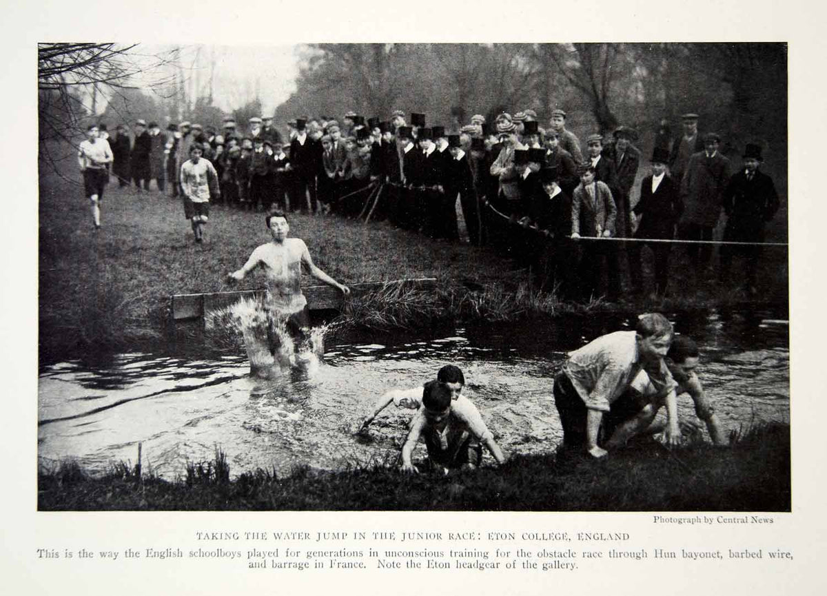 1919 Print Eton College England Junior Race Water Jump Historical Imag ...
