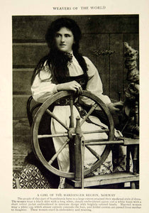 1919 Print Girl Weaver Spinning Wheel Portrait Hardanger Region Norway YNG4
