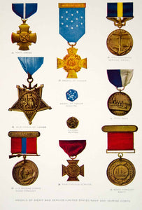 1919 Color Print Medals Merit Service Honor Marines Navy United States YNG4