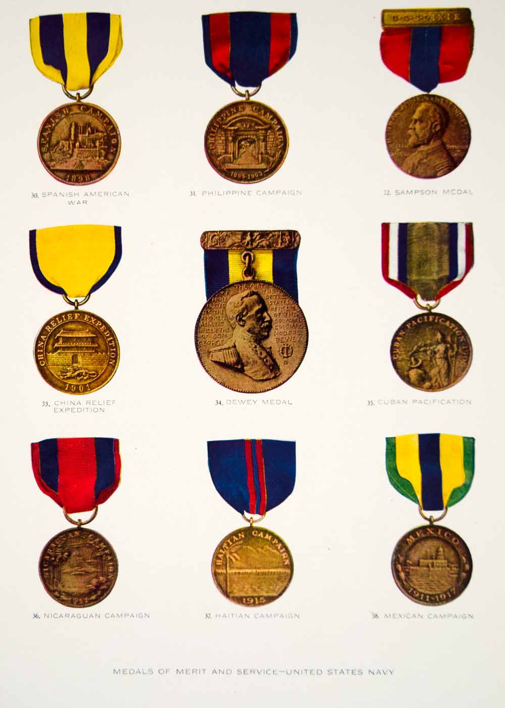 1919 Color Print Medals Merit Service Honor Marines Navy United States YNG4