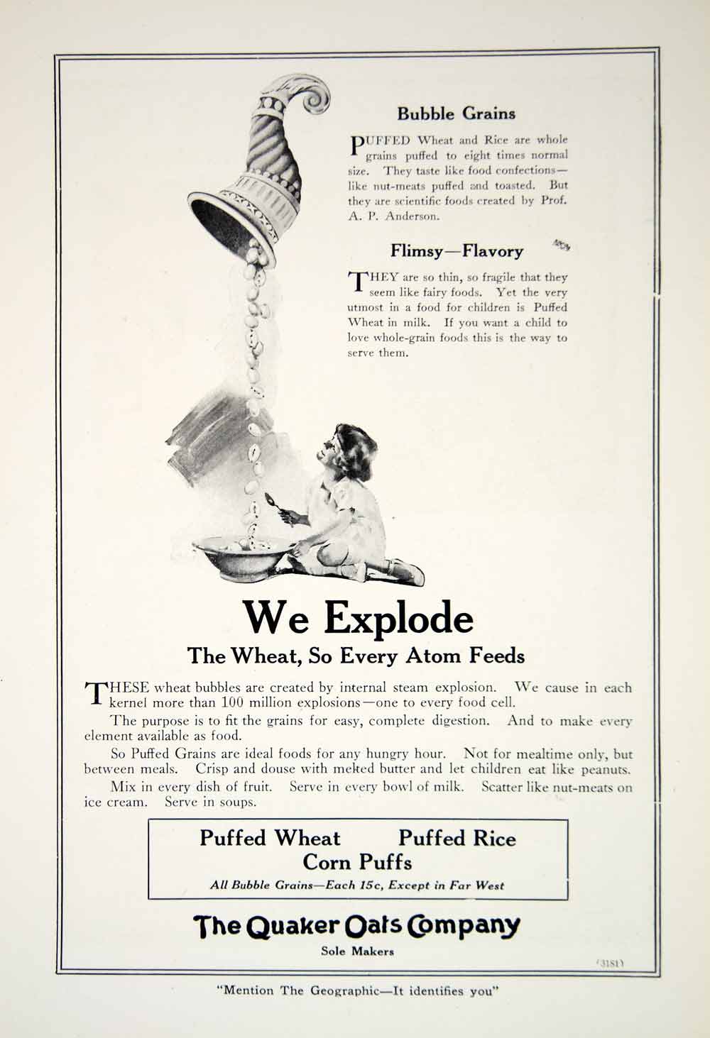 1919 Ad Quaker Oats Puffed Wheat Rice Corn Cereal Consumable Food Child YNG4