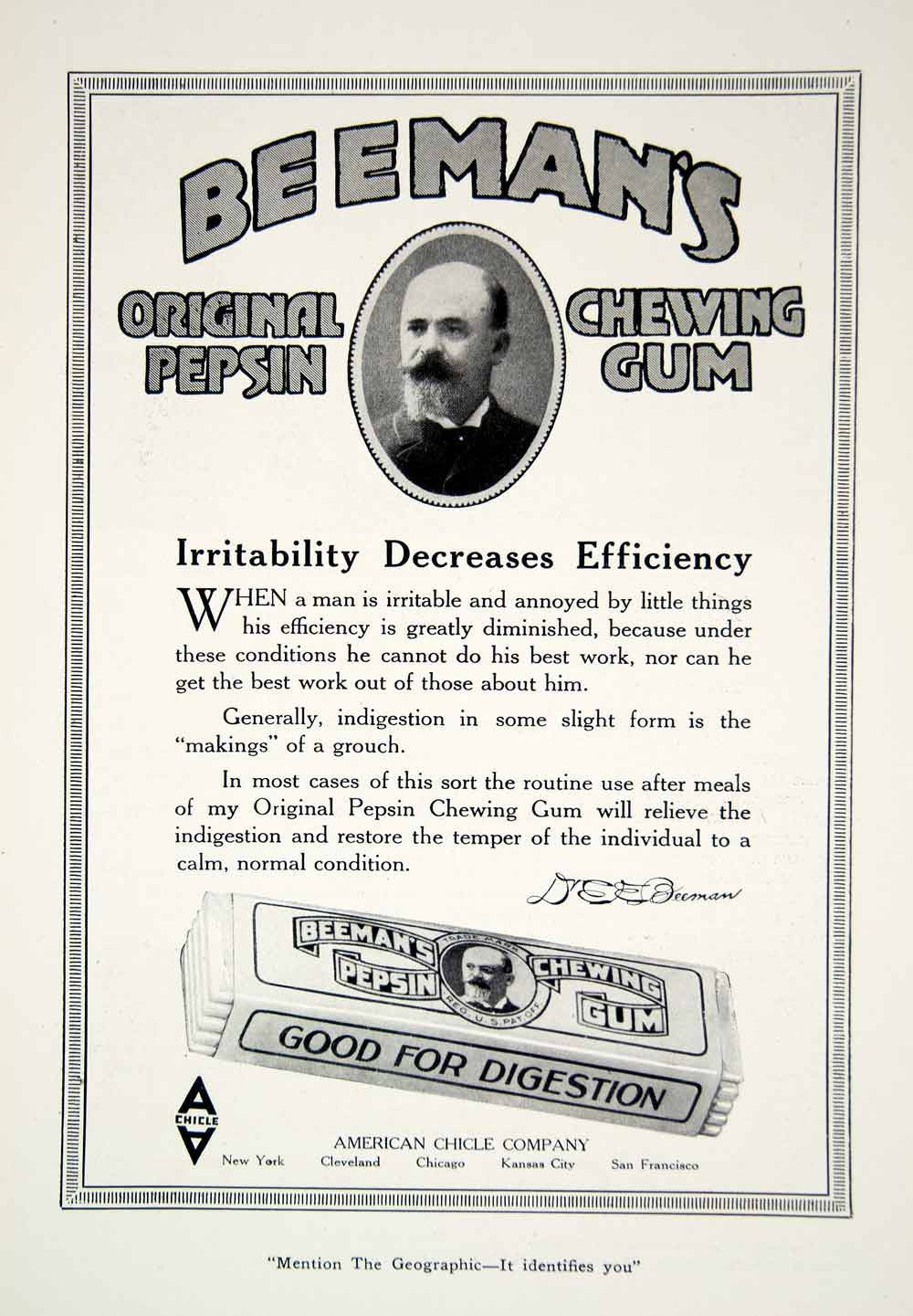 1919 Ad American Chicle Beeman Pepsin Chewing Gum Original Candy Digestion YNG4 - Period Paper
