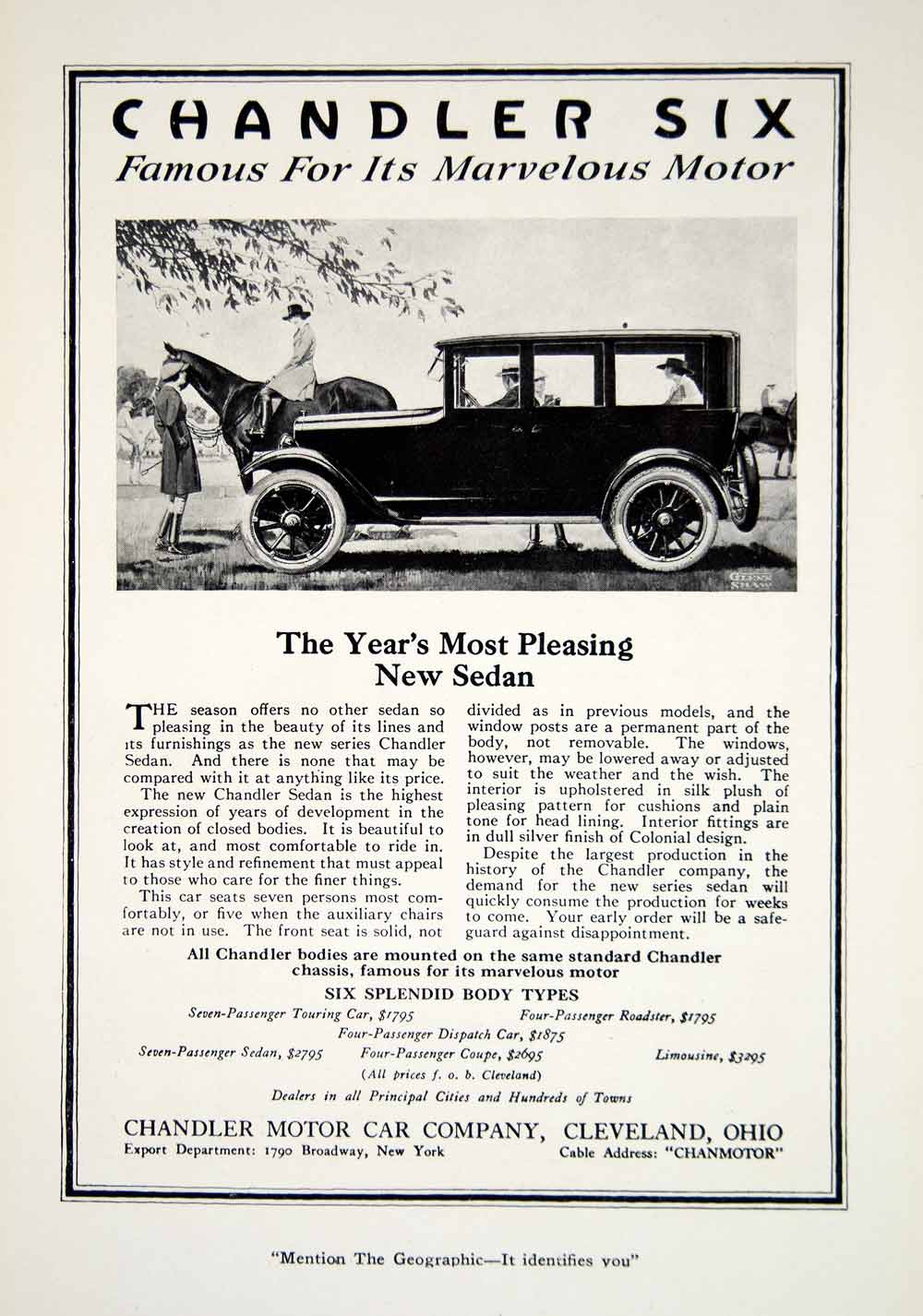 1919 Ad Chandler Motor Car Company Six Covered Sedan Automobile Vehicle YNG4