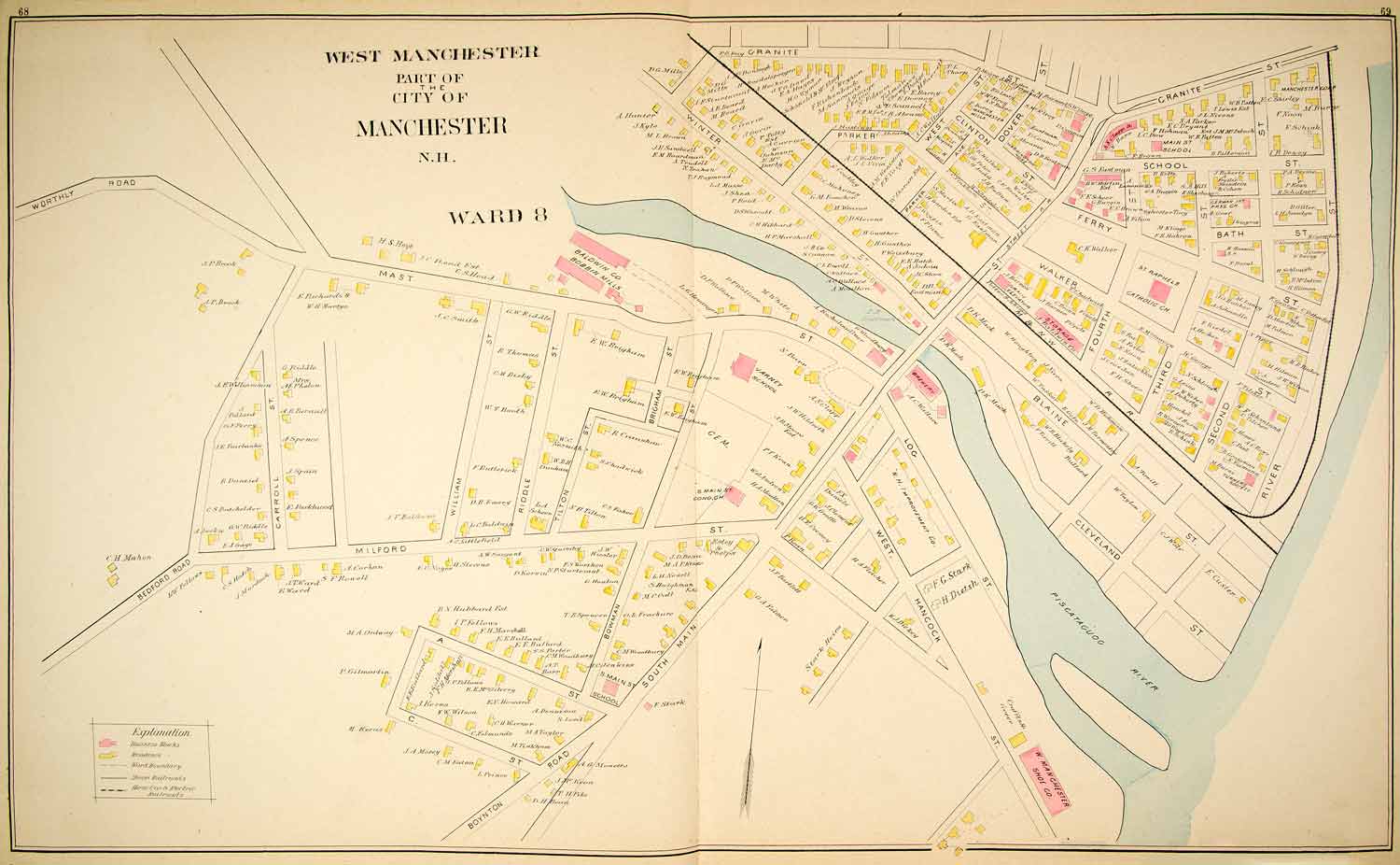 1892 Lithograph Map Street West Manchester Piscataguog Brewery Baldwin YNHA1