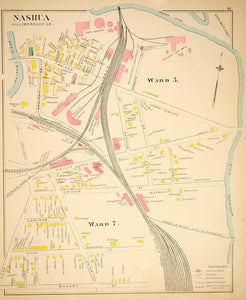 1892 Lithograph Map Nashua New Hampshire NH Hillsborough County City Wards YNHA2
