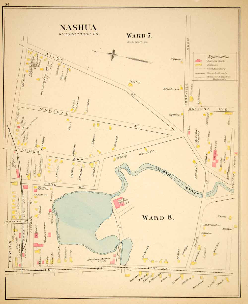 1892 Lithograph Map Nashua Hillsborough County New Hampshire City New YNHA2