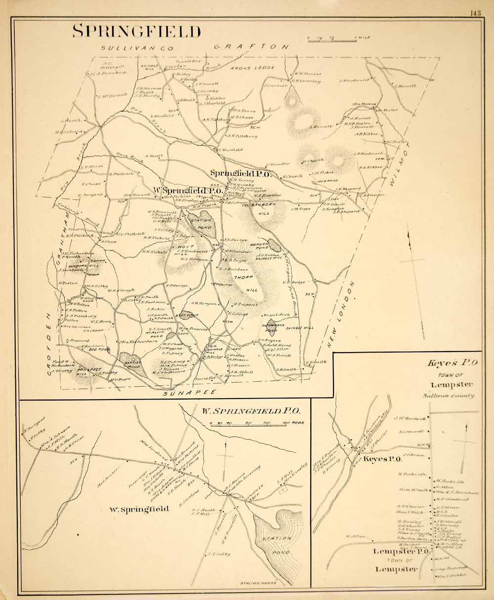 1892 Lithograph Map Springfield Lempster Town Sullivan County New YNHA2