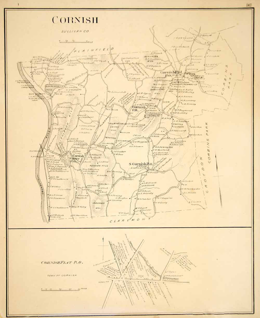 1892 Lithograph Map Cornish Town Sullivan County New Hampshire NH New YNHA2