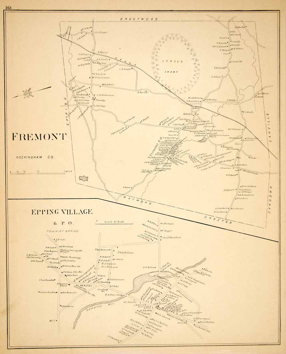 1892 Lithograph Map Fremont Epping Village Town Rockingham County New YNHA2