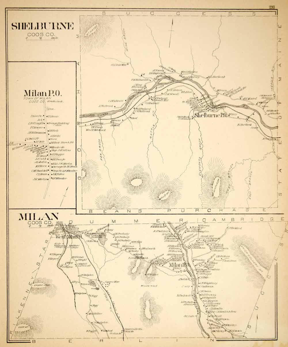 1892 Lithograph Map Shelburne Milan Town Coos County New Hampshire New YNHA2
