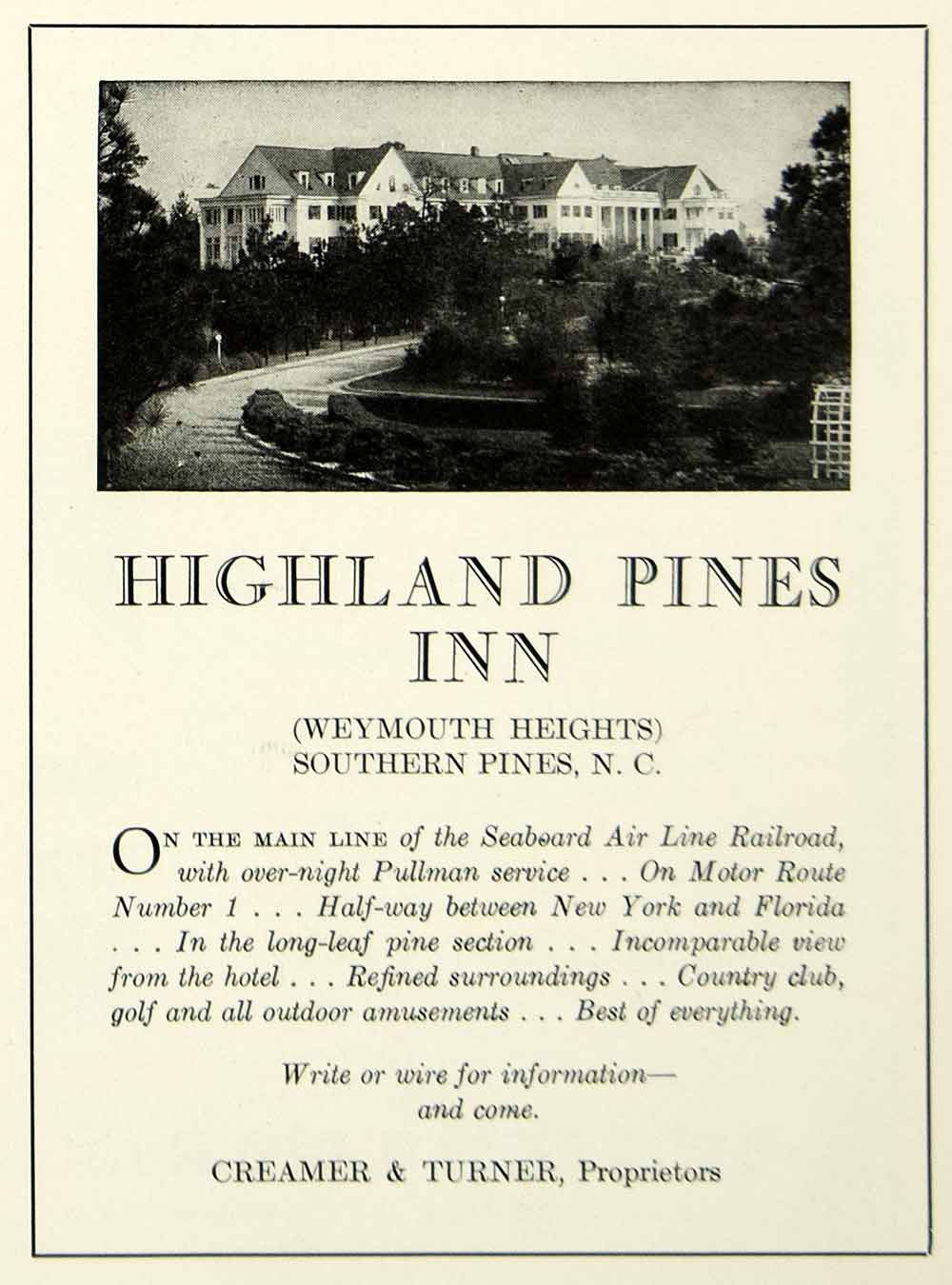 1930 Ad Highland Pines Inn Weymouth Heights Southern Pines North Carolina YNM1