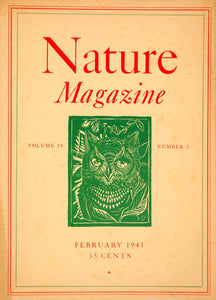 1941 Lithograph Cover February Nature magazine Owl Green Leaf Square Horned YNM2