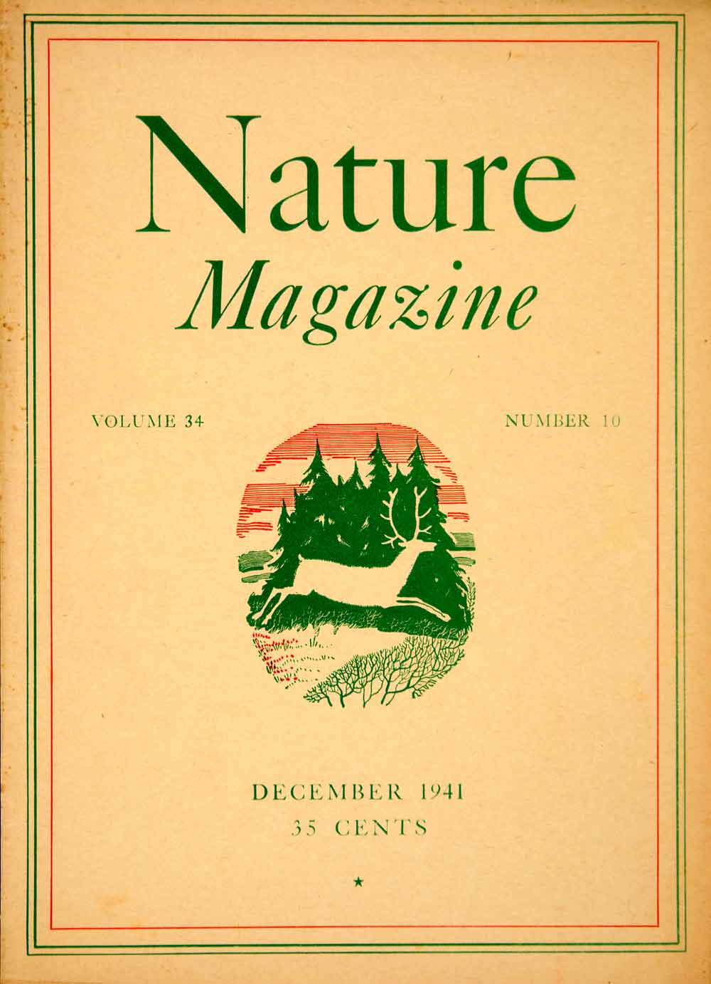 1941 Lithograph Cover December Nature Magazine Deer Pine Forest Bush Antler YNM2