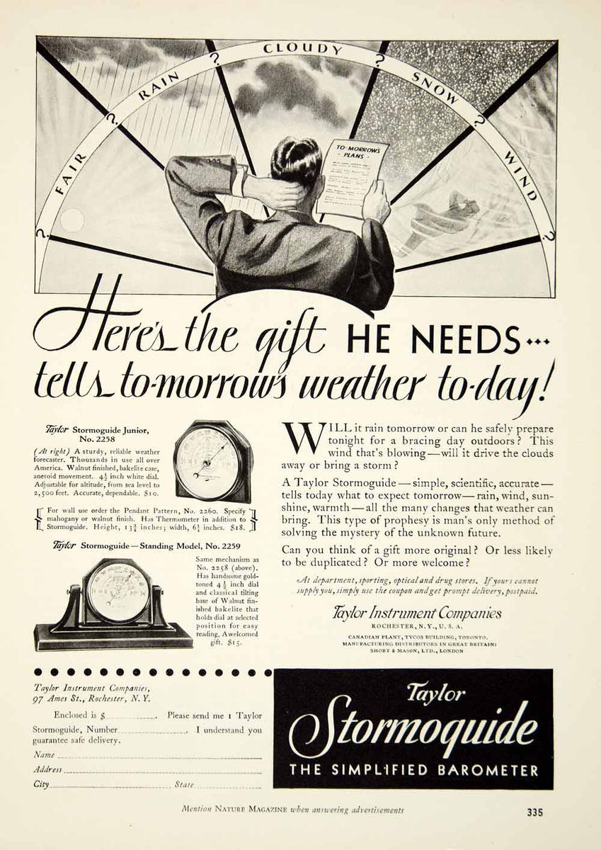 1930 Ad Taylor Stormoguide Barometer Weather Instrument 97 Ames St YNM ...